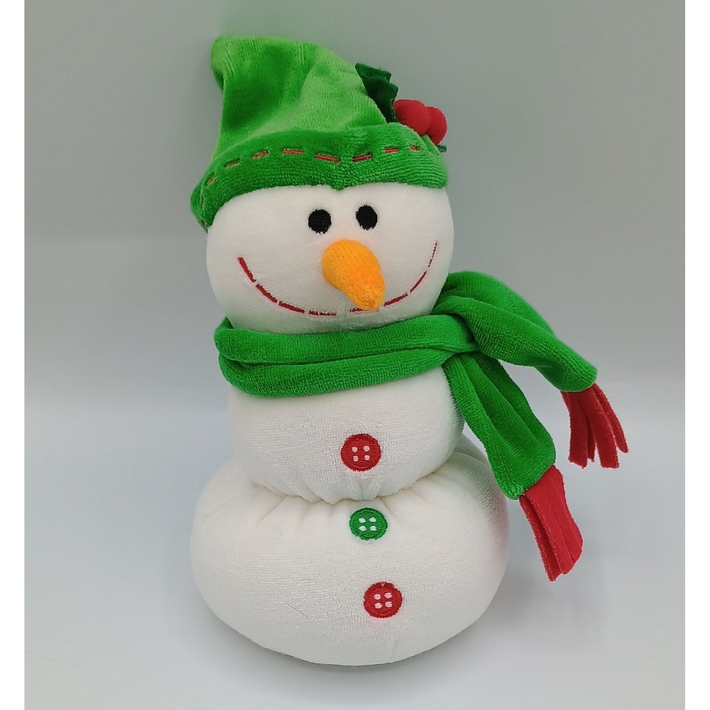 Vintage‎ 7" KRU LAYETTE Velour Rattle Plush Snowman Green Scarf Hat Buttons 1